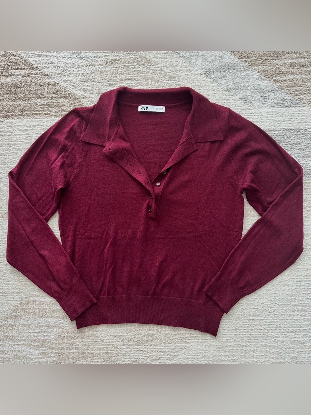 Zara Long-Sleeve Knit Polo Sweater in Burgundy Size L